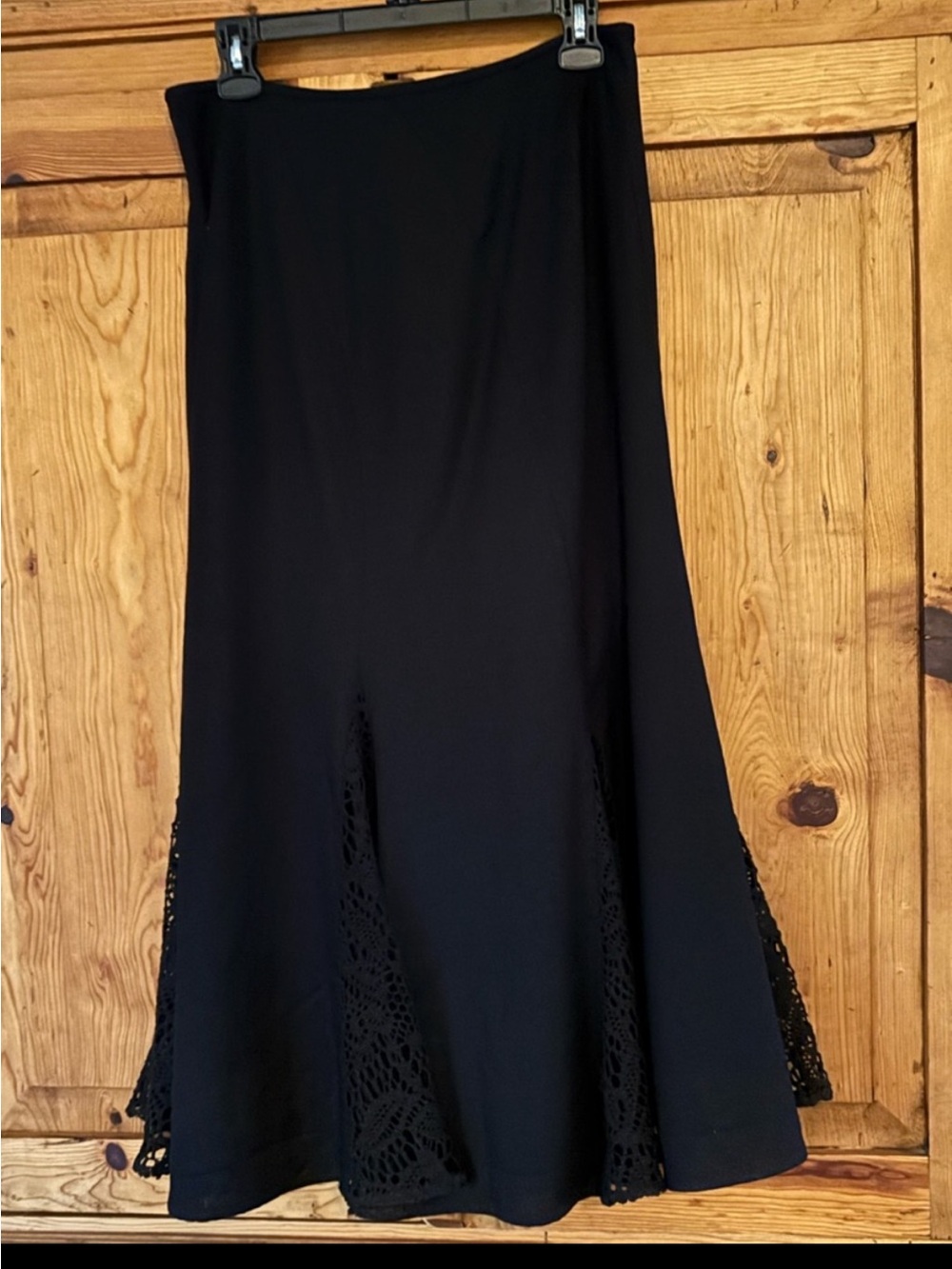 Black linen fishtail flounce maxi skirt crochet panels 8 M